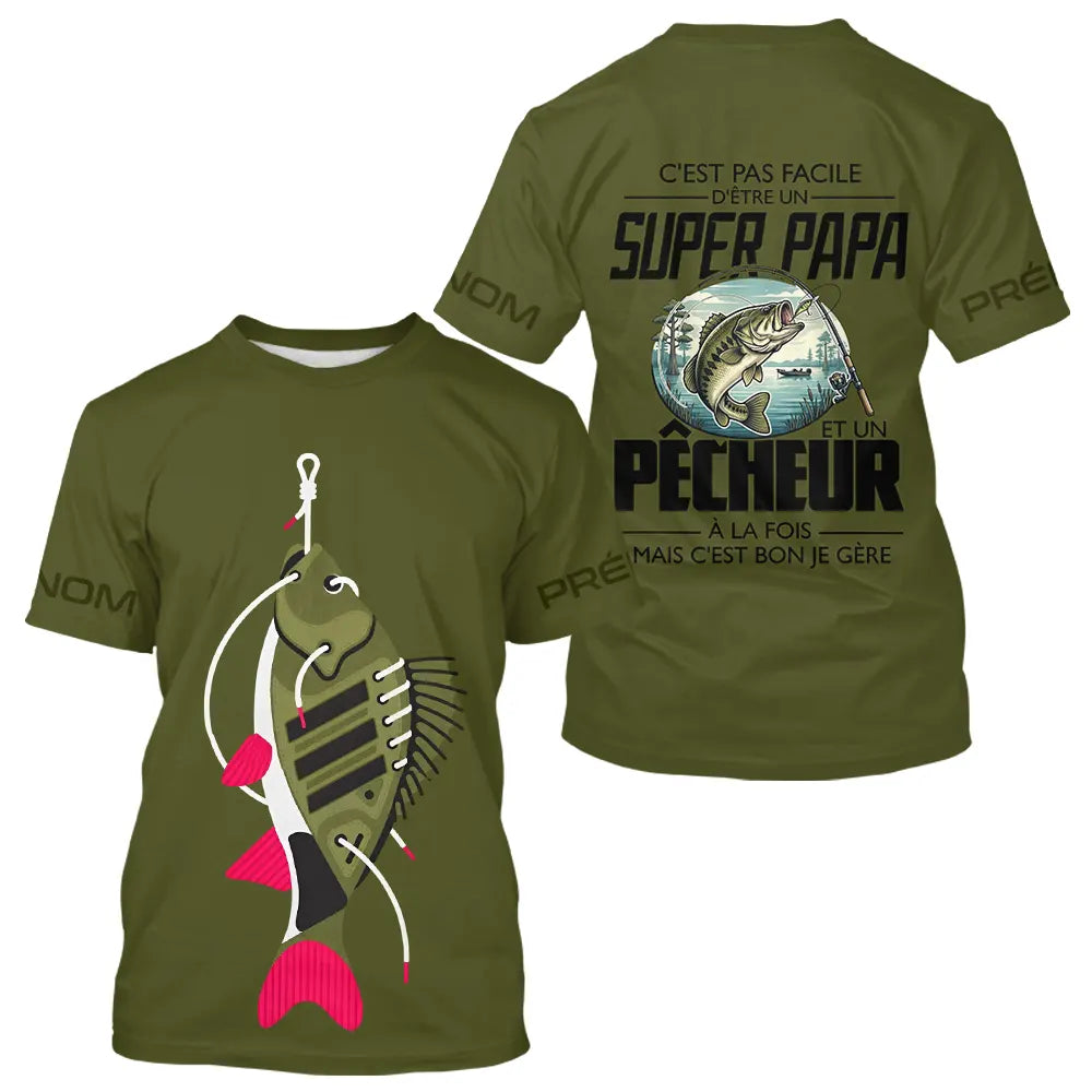 Sweat Capuche Vert Olive - Super Papa Pêcheur - T-Shirt Homme