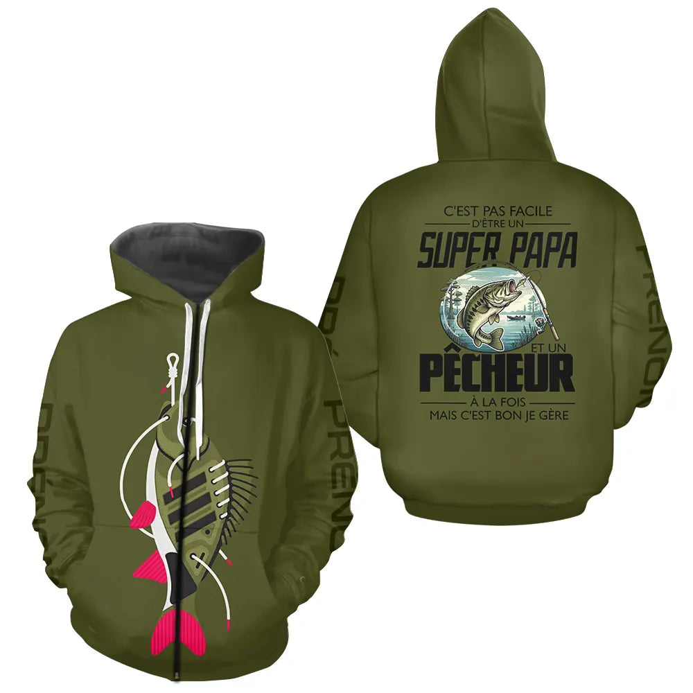 Sweat Capuche Vert Olive - Super Papa Pêcheur - Zippe Hoodie Homme