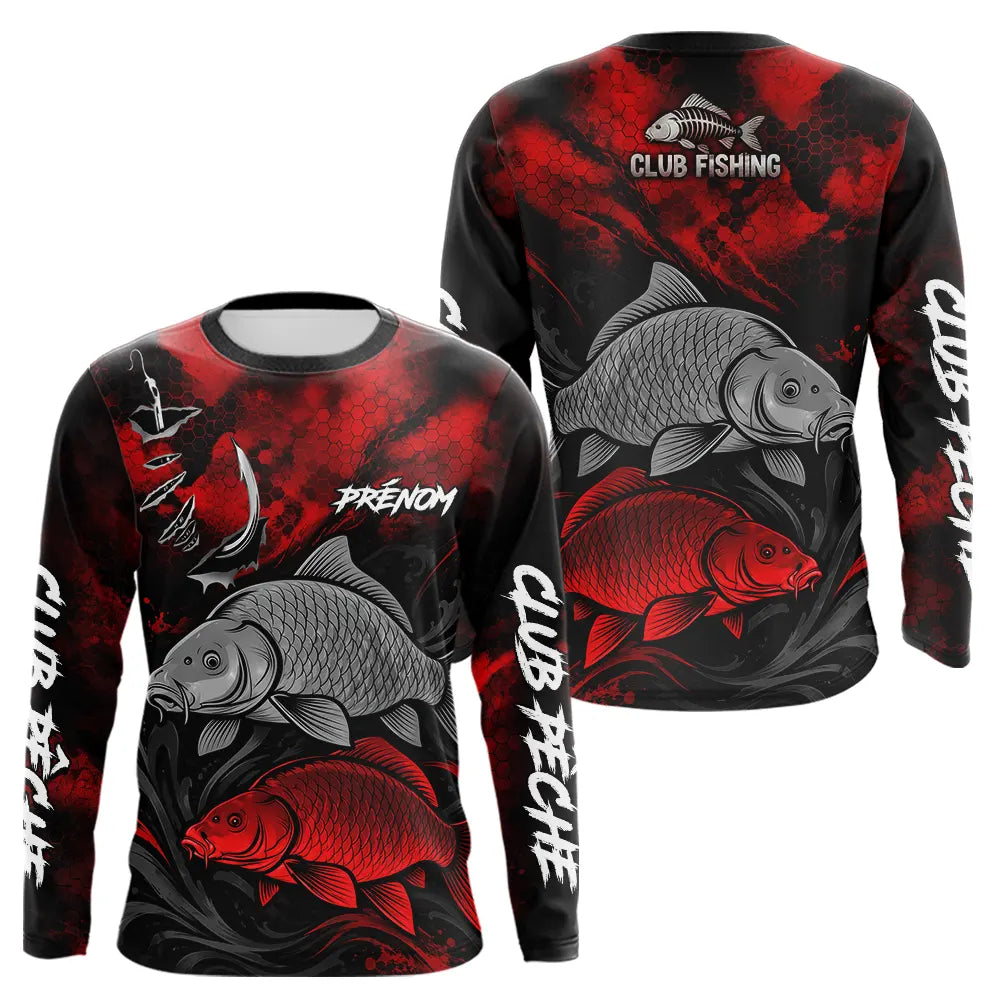 Sweat De Pêcheur Carpe Personnalisé - Rouge & Noir- Long Sleeves Homme