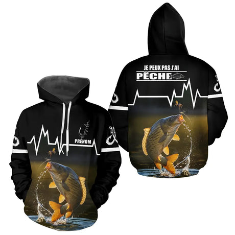 Sweat Noir Pêche Carpe Personnalisé - Style Heart Beat - Hoodie Homme