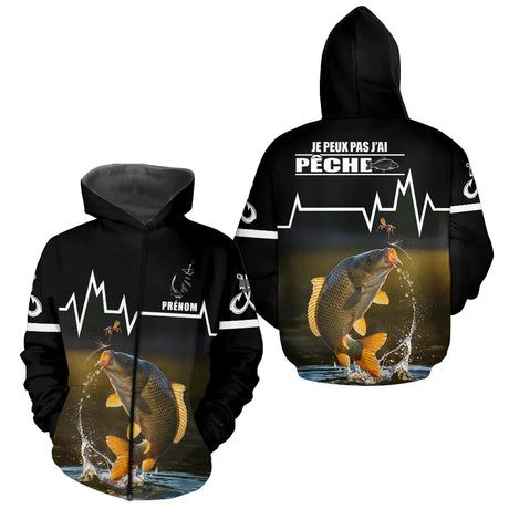 Sweat Noir Pêche Carpe Personnalisé - Style Heart Beat - Hoodie Zippé Homme