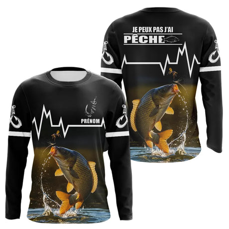 Sweat Noir Pêche Carpe Personnalisé - Style Heart Beat - Long Sleeves Homme