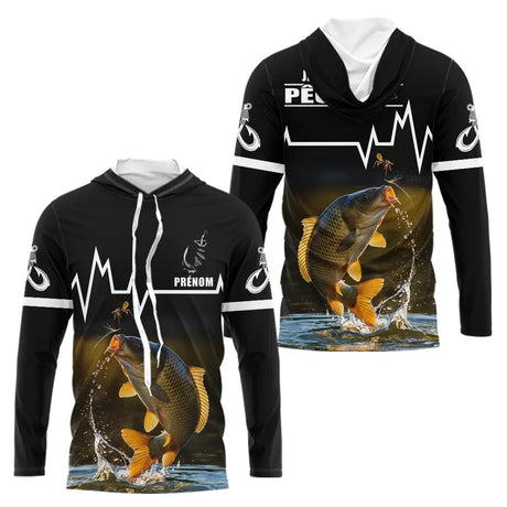 Sweat Noir Pêche Carpe Personnalisé - Style Heart Beat - Long Sleeves Hoodie Homme