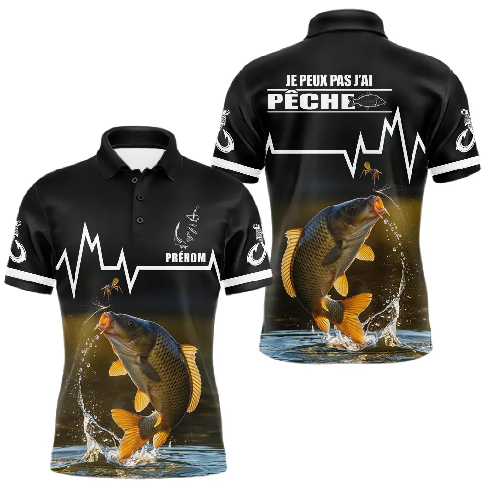 Sweat Noir Pêche Carpe Personnalisé - Style Heart Beat - Polo Homme