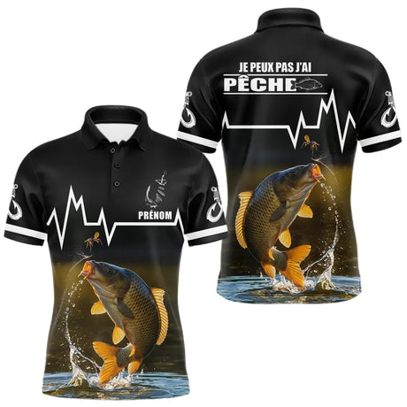 Sweat Noir Pêche Carpe Personnalisé - Style Heart Beat - Polo Homme