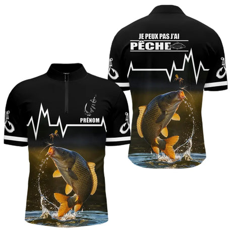 Sweat Noir Pêche Carpe Personnalisé - Style Heart Beat - Polo Zippé Homme