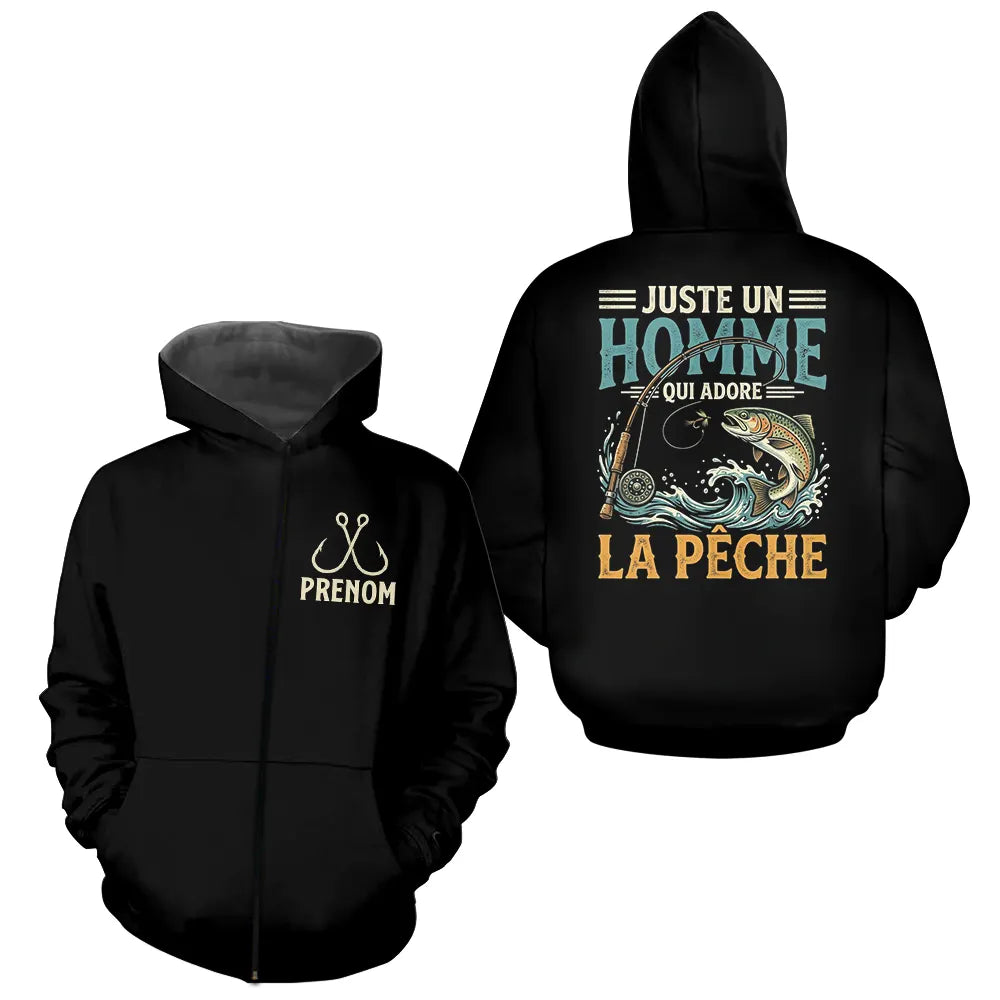 Sweat Pêcheur Noir Personnalisé - Juste Un Homme - Zippé Hoodie Homme