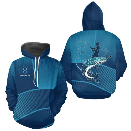T-Shirt Cadeau Pêcheur Brochet Personnalisé Bleu - Anti UV - Hoodie Homme