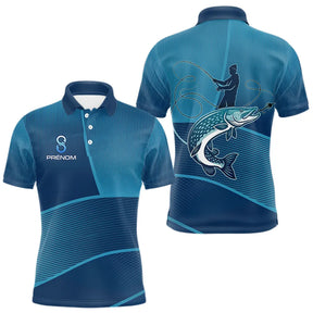 T-Shirt Cadeau Pêcheur Brochet Personnalisé Bleu - Anti UV - Polo Homme