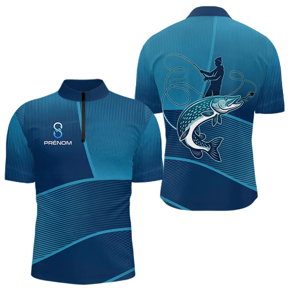 T-Shirt Cadeau Pêcheur Brochet Personnalisé Bleu - Anti UV - Polo Zippé Homme