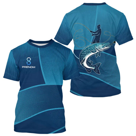 T-Shirt Cadeau Pêcheur Brochet Personnalisé Bleu - Anti UV - T-Shirt Homme