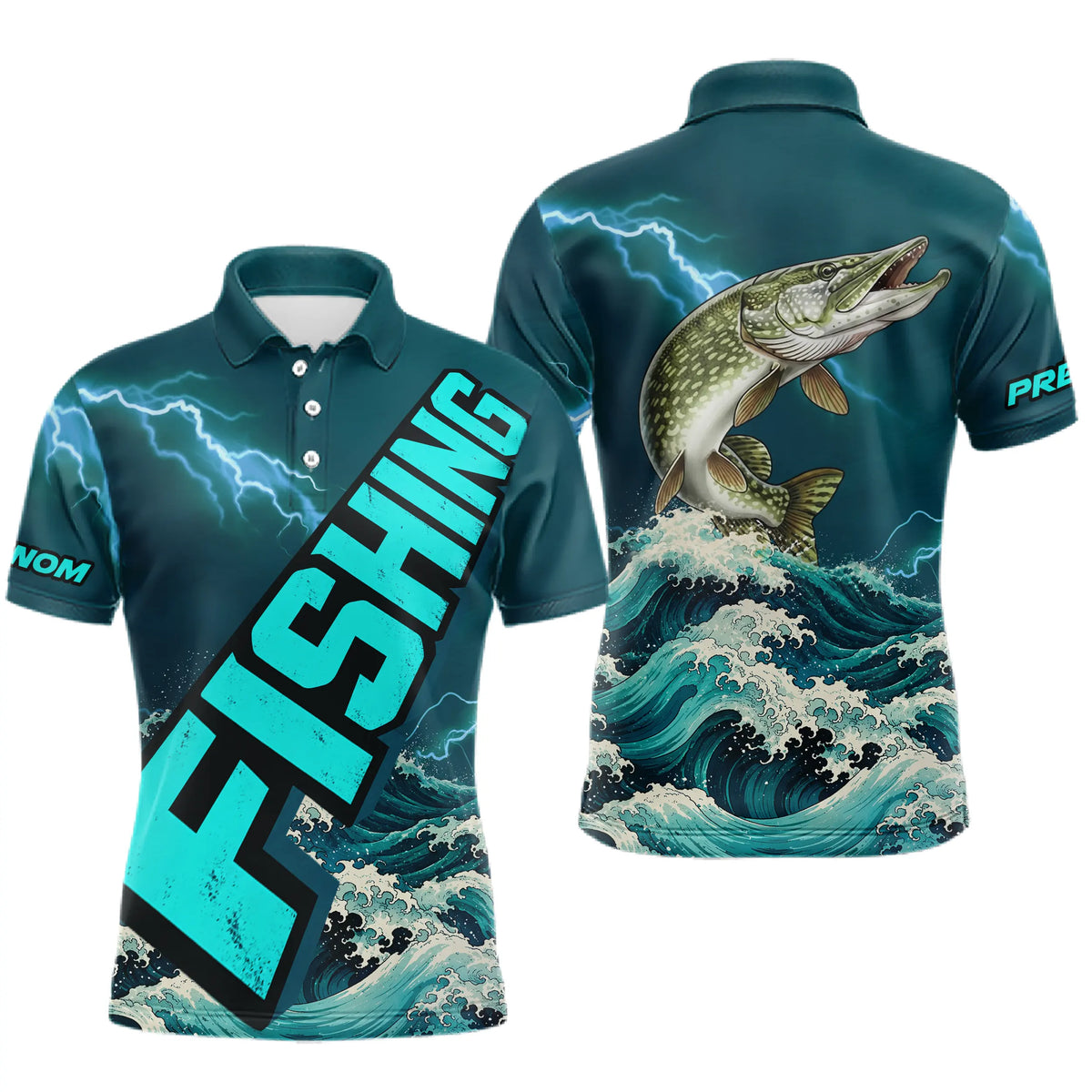 T-Shirt Pêche Brochet Personnalisé - Bleu Émeraude Anti-UV - Polo Homme