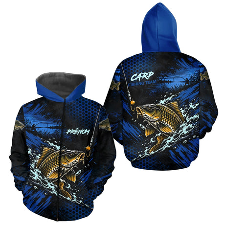 T-Shirt Pêche Carpe All-Over - Bleu & Noir Personnalisé Prénom - Long Sleeve Hoodie Homme