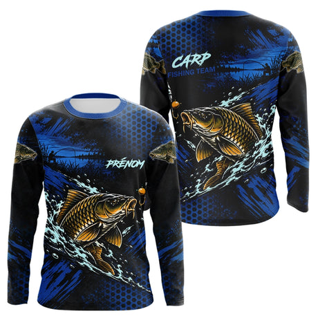 T-Shirt Pêche Carpe All-Over - Bleu & Noir Personnalisé Prénom - Long Sleeves Homme