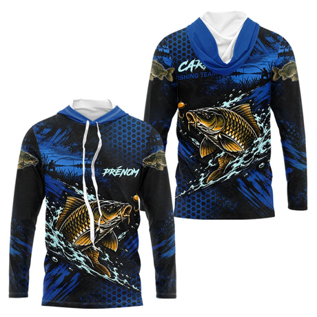 T-Shirt Pêche Carpe All-Over - Bleu & Noir Personnalisé Prénom - Long Sleeves Hoodie Homme