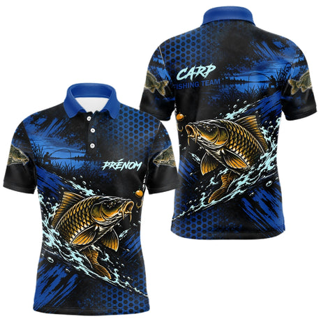 T-Shirt Pêche Carpe All-Over - Bleu & Noir Personnalisé Prénom - Polo Homme