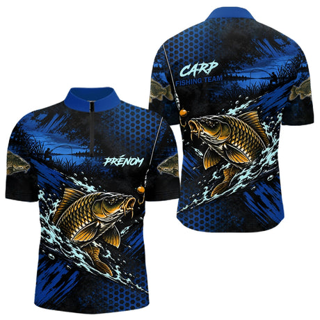 T-Shirt Pêche Carpe All-Over - Bleu & Noir Personnalisé Prénom - Polo Zippé Homme