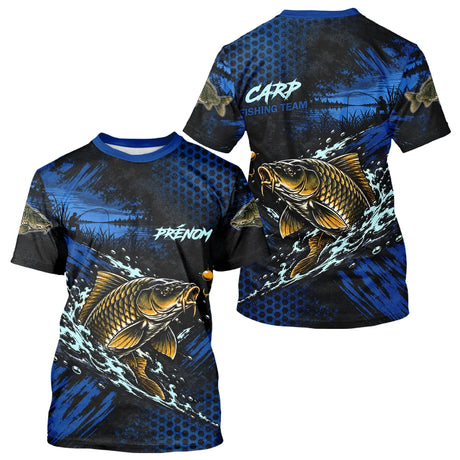T-Shirt Pêche Carpe All-Over - Bleu & Noir Personnalisé Prénom - T-Shirt Homme