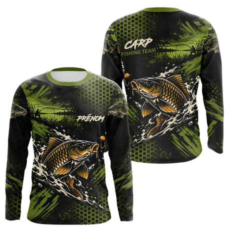 T-Shirt Pêche Carpe All-Over - Green & Noir Personnalisé Prénom - Long Sleeve Homme