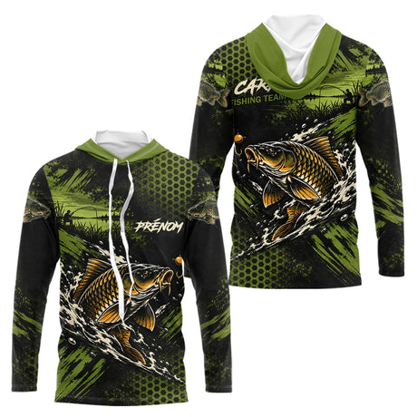T-Shirt Pêche Carpe All-Over - Green & Noir Personnalisé Prénom - Long Sleeve Hoodie Homme