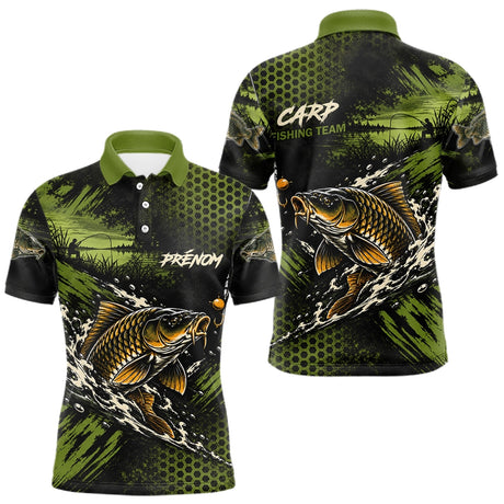 T-Shirt Pêche Carpe All-Over - Green & Noir Personnalisé Prénom - Polo Homme