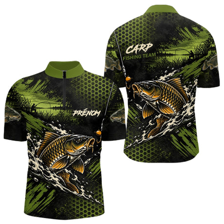 T-Shirt Pêche Carpe All-Over - Green & Noir Personnalisé Prénom - Polo Zippé Homme