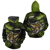 T-Shirt Pêche Carpe All-Over - Green & Noir Personnalisé Prénom - Zippé Hoodie Homme
