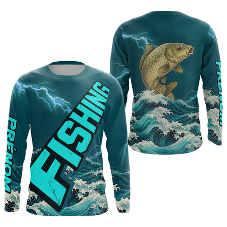 T-Shirt Pêche Carpiste Personnalisé - Bleu Émeraude Anti-UV - Long Sleeves Homme