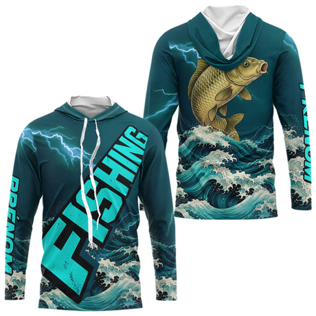 T-Shirt Pêche Carpiste Personnalisé - Bleu Émeraude Anti-UV - Long Sleeves Hoodie Homme