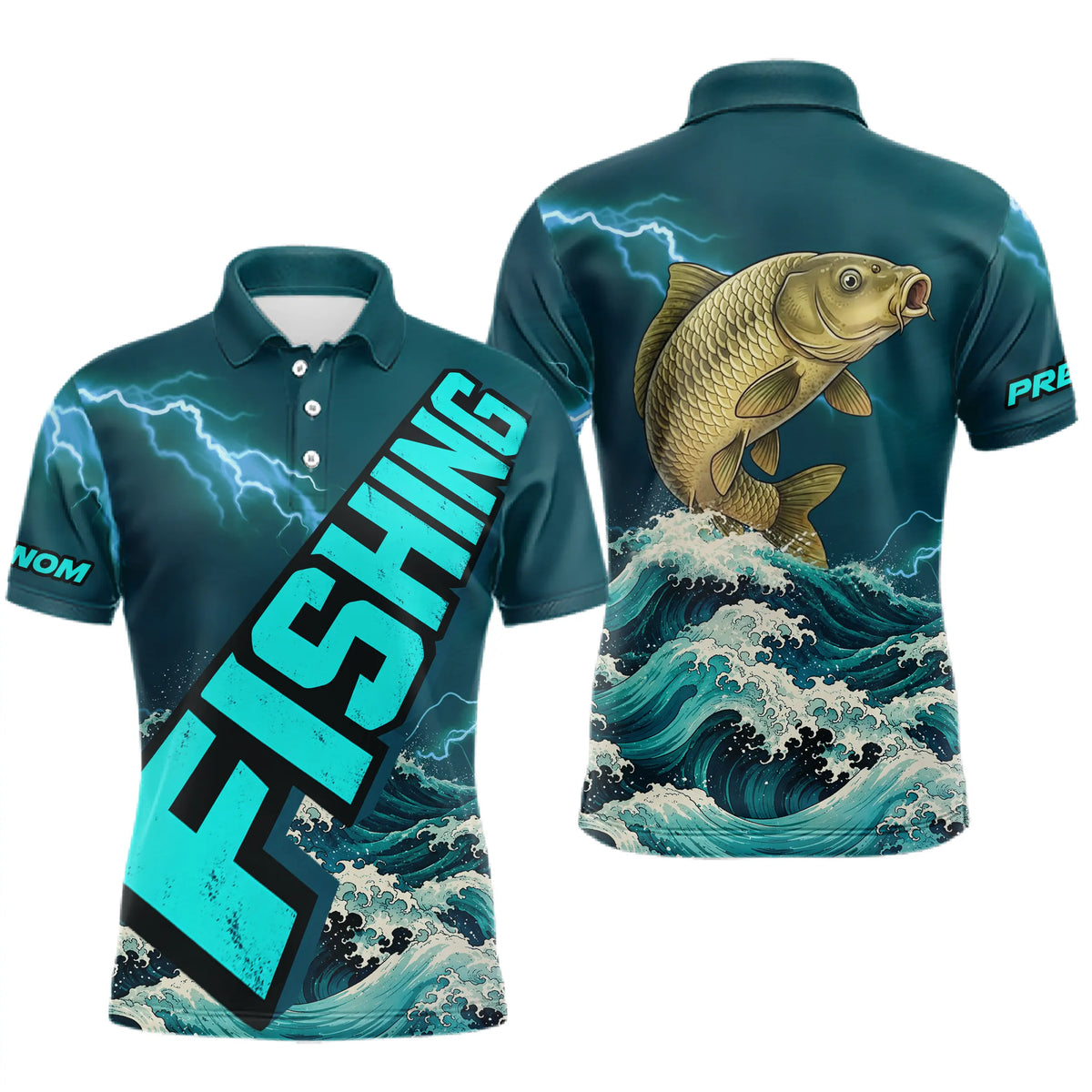 T-Shirt Pêche Carpiste Personnalisé - Bleu Émeraude Anti-UV - Polo Homme