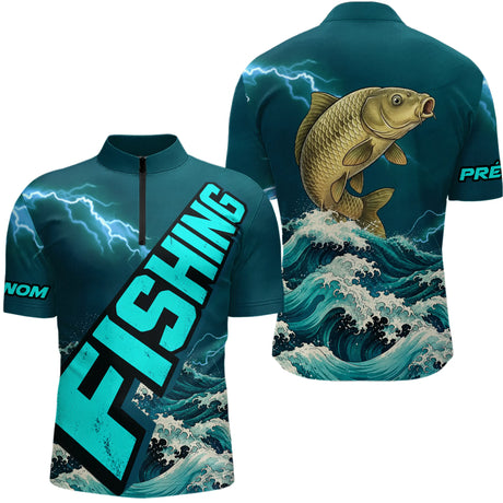 T-Shirt Pêche Carpiste Personnalisé - Bleu Émeraude Anti-UV - Polo Zippé Homme