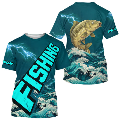 T-Shirt Pêche Carpiste Personnalisé - Bleu Émeraude Anti-UV - T-Shirt Homme