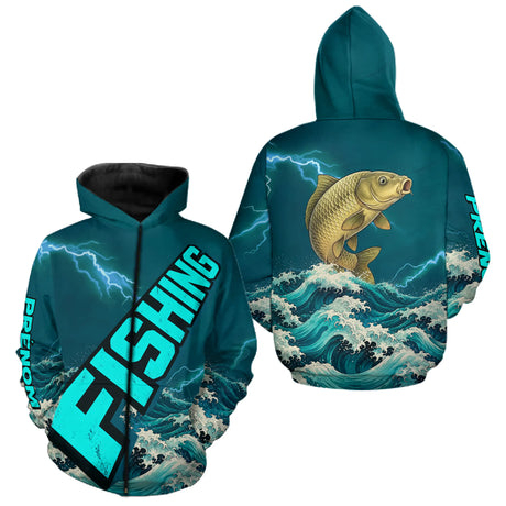 T-Shirt Pêche Carpiste Personnalisé - Bleu Émeraude Anti-UV - Zippé Hoodie Homme