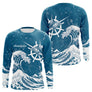 T-Shirt Pêcheur Espadon Bleu & Vagues - Design Ocean Marine - Long Sleeves Homme