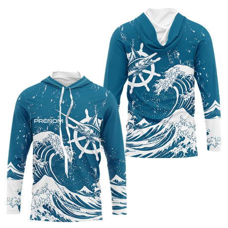 T-Shirt Pêcheur Espadon Bleu & Vagues - Design Ocean Marine - Long Sleeves Hoodie Homme
