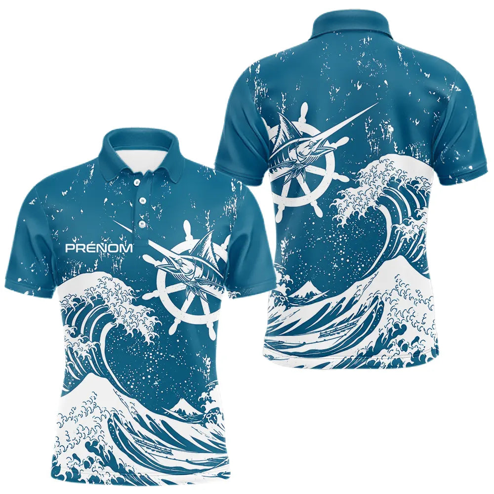 T-Shirt Pêcheur Espadon Bleu & Vagues - Design Ocean Marine - Polo Homme