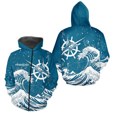 T-Shirt Pêcheur Espadon Bleu & Vagues - Design Ocean Marine - Zippé Hoodie Homme
