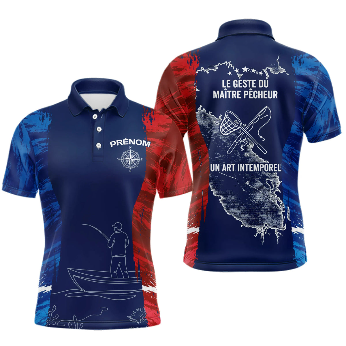 T-Shirt Pêcheur France Personnalisable - Style Bleu Rouge - Polo Homme