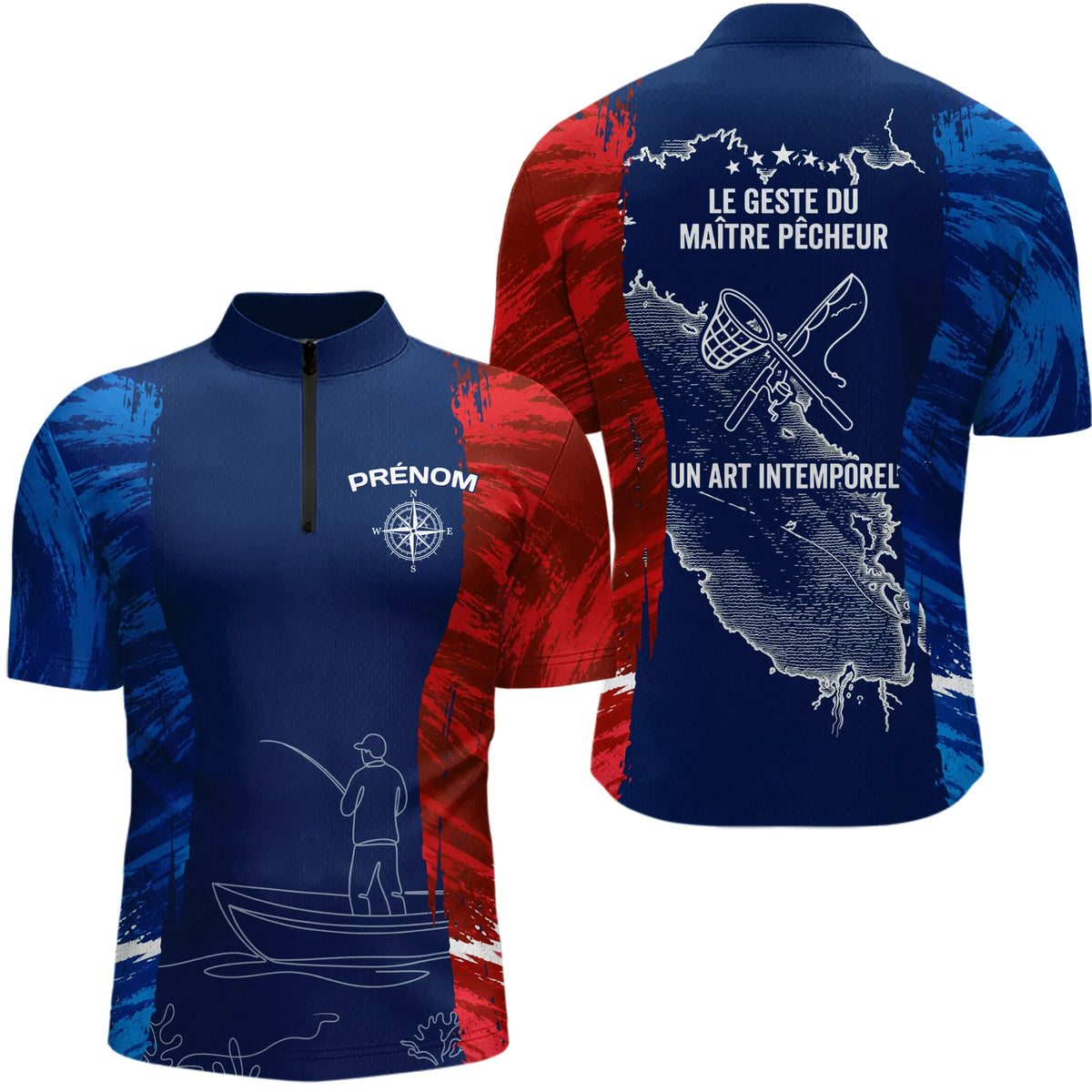 T-Shirt Pêcheur France Personnalisable - Style Bleu Rouge - Polo Zippé Homme