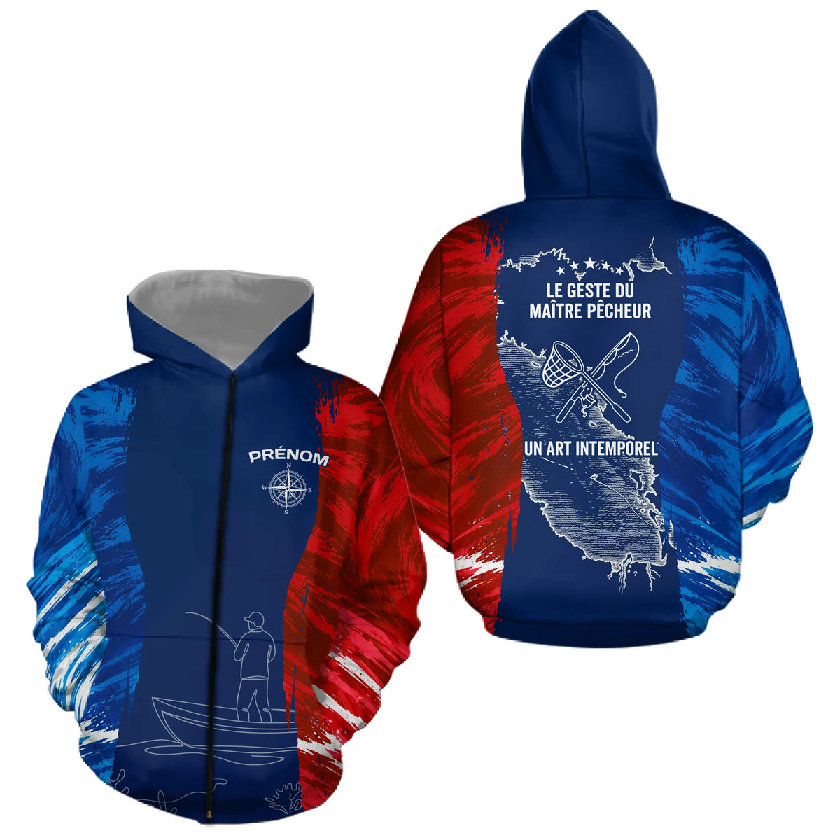 T-Shirt Pêcheur France Personnalisable - Style Bleu Rouge - Zippé Hoodie Homme