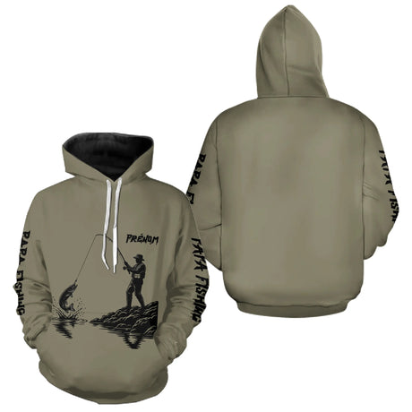 T-Shirt Papa Pêcheur Personnalisé Kaki Prénom - Équipement Passionné - Hoodie Homme