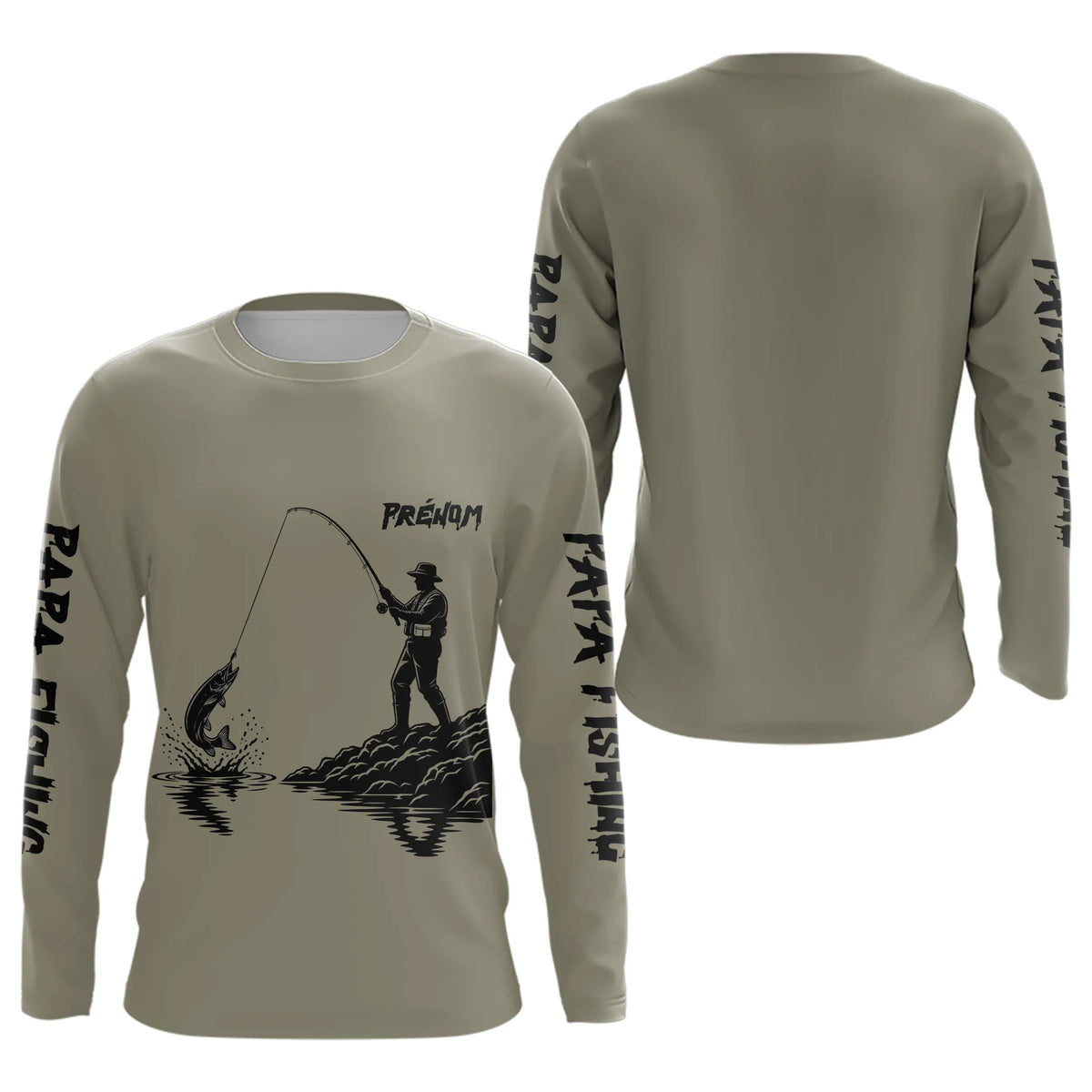 T-Shirt Papa Pêcheur Personnalisé Kaki Prénom - Équipement Passionné - Long Sleeves Homme