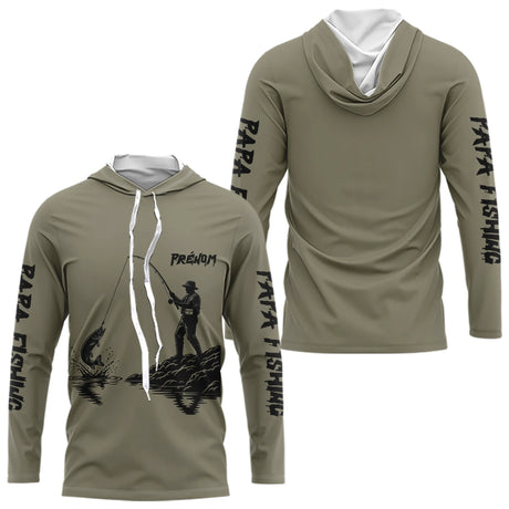 T-Shirt Papa Pêcheur Personnalisé Kaki Prénom - Équipement Passionné - Long Sleeves Hoodie Homme