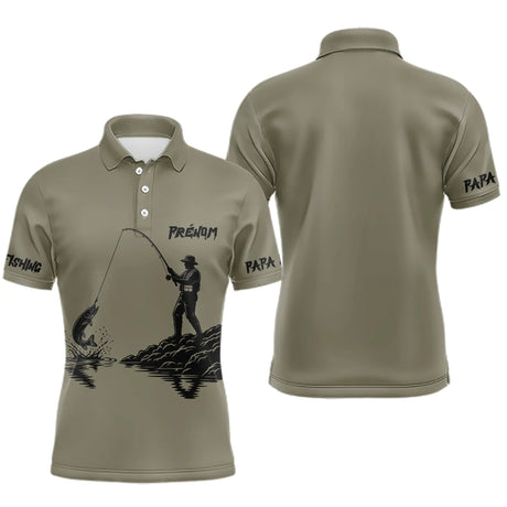 T-Shirt Papa Pêcheur Personnalisé Kaki Prénom - Équipement Passionné - Polo Homme