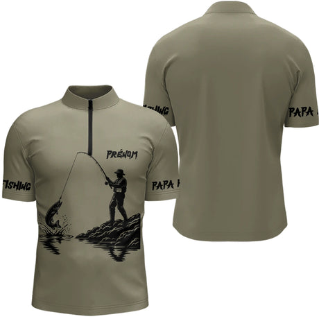 T-Shirt Papa Pêcheur Personnalisé Kaki Prénom - Équipement Passionné - Polo Zippé Homme