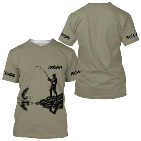 T-Shirt Papa Pêcheur Personnalisé Kaki Prénom - Équipement Passionné - T-Shirt Homme