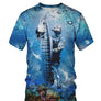 T-shirt all-over unisexe avec plongeur sous-marin capturant gros thon et fond marin coloré