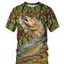 T-shirt all-over peau de truite fario écailles vertes dorées points rouges noirs salmonidé, vue de face