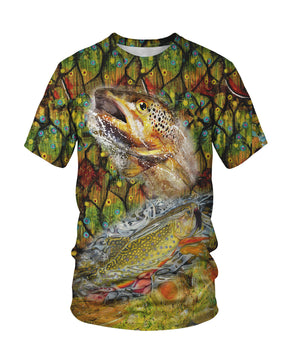 T-shirt all-over peau de truite fario écailles vertes dorées points rouges noirs salmonidé, vue de face