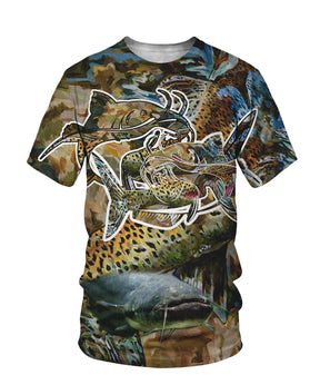 T-shirt all-over pêche silure 3D photoréaliste camouflage roseau écailles brune tachetée, vue de face